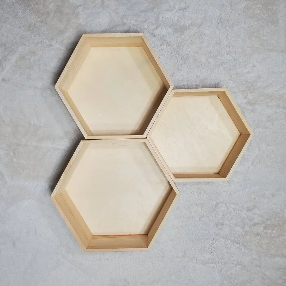NWT Hexagon Wooden Tray Set Hexagon Wall Shelves Set of 3